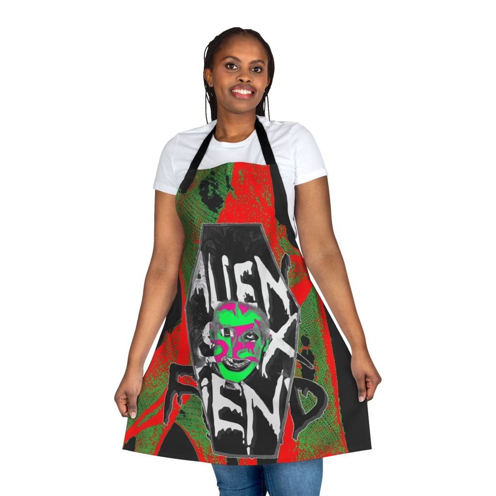 Retro gothic apron featuring the iconic Alien Sex Fiend band logo and imagery