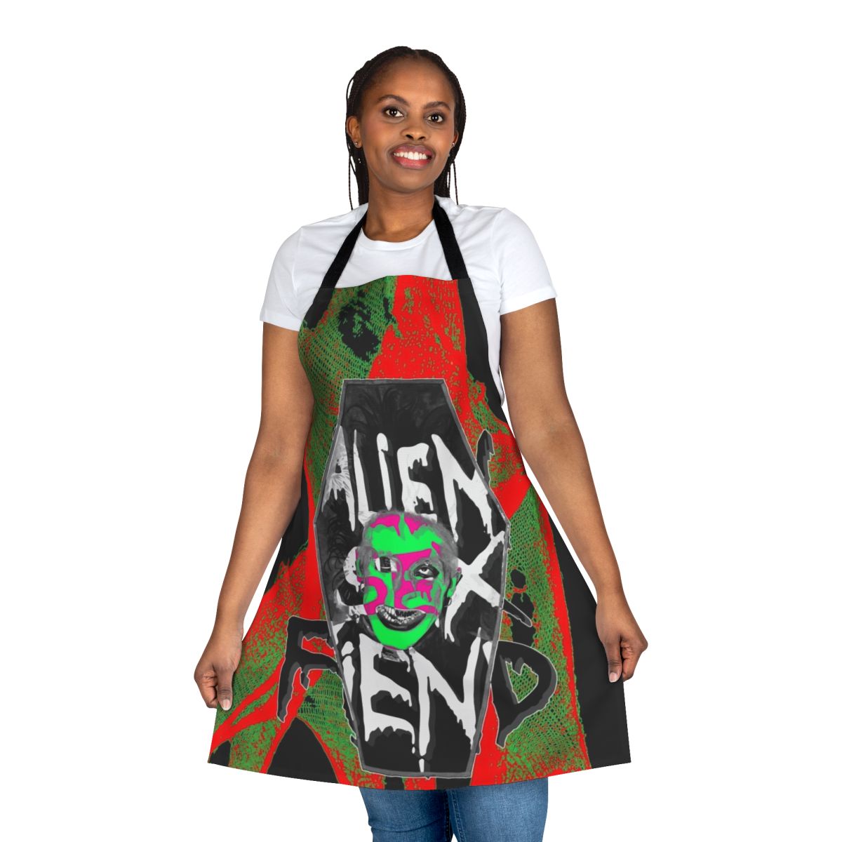 Retro gothic apron featuring the iconic Alien Sex Fiend band logo and imagery