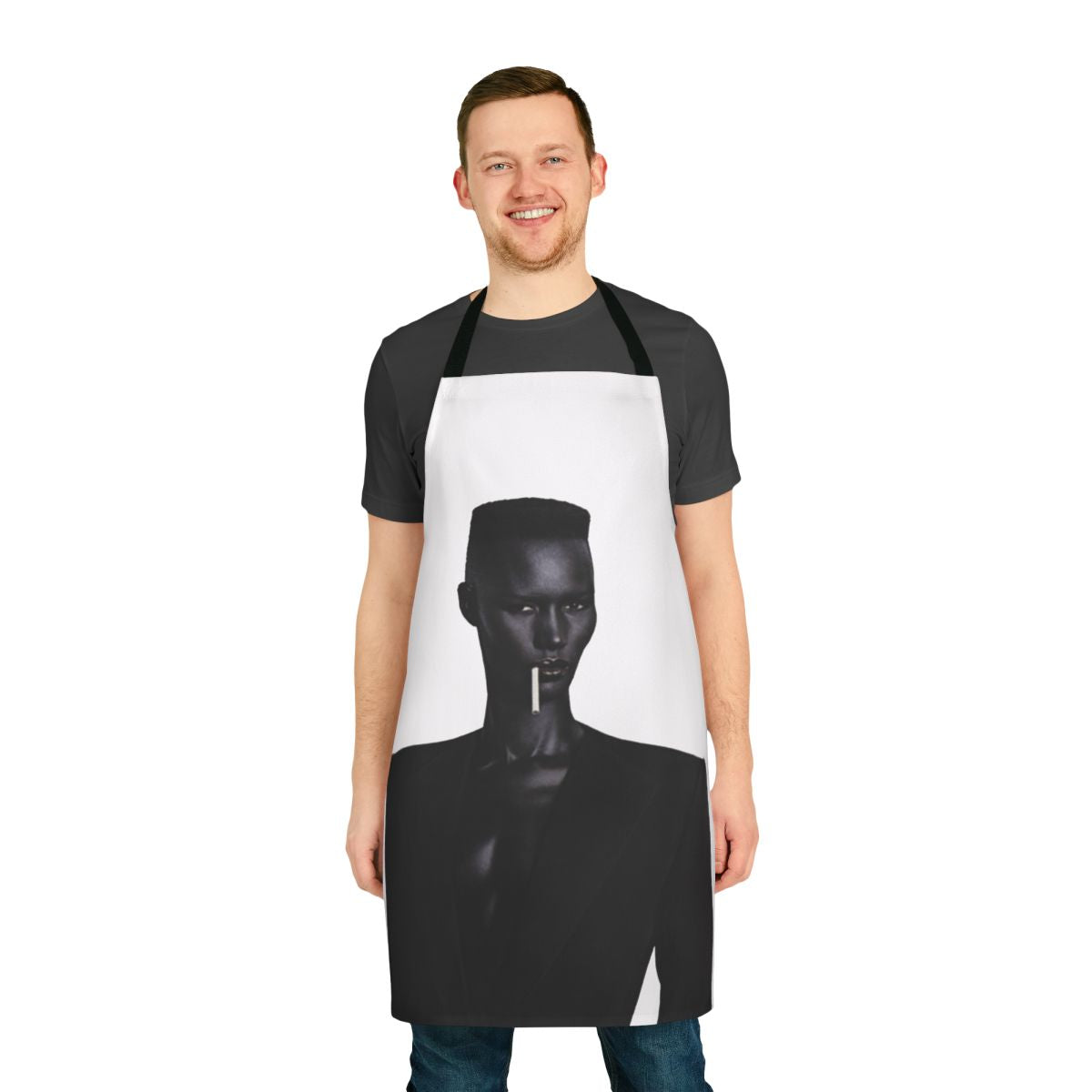 Retro-style apron featuring a portrait of iconic singer and actress Grace Jones