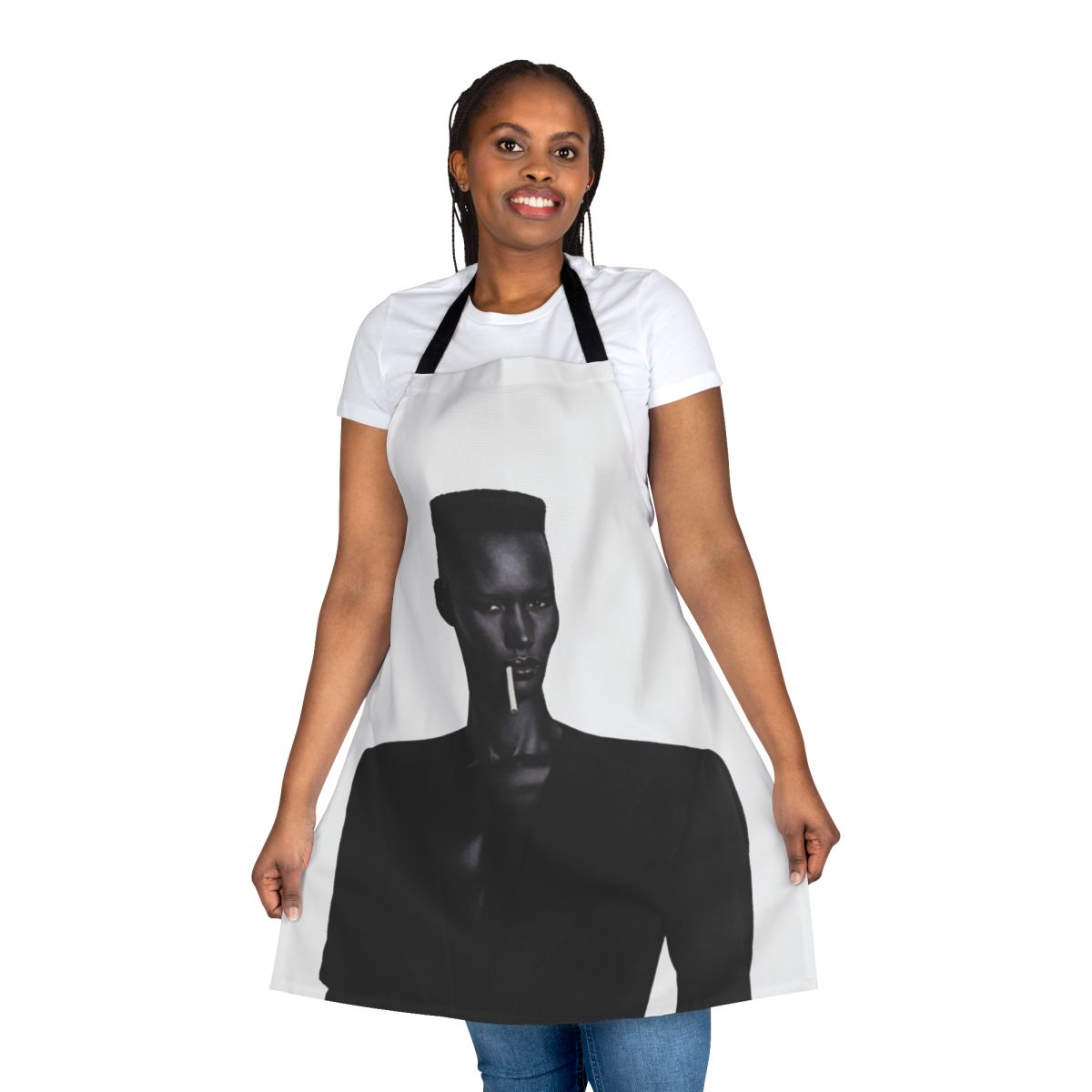 Retro-style apron featuring a portrait of iconic singer and actress Grace Jones