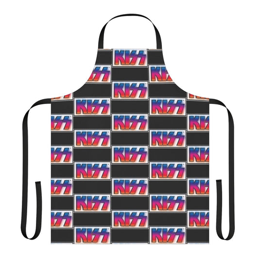 Retro-inspired apron featuring a gradient glowing logo design for KISS band fans