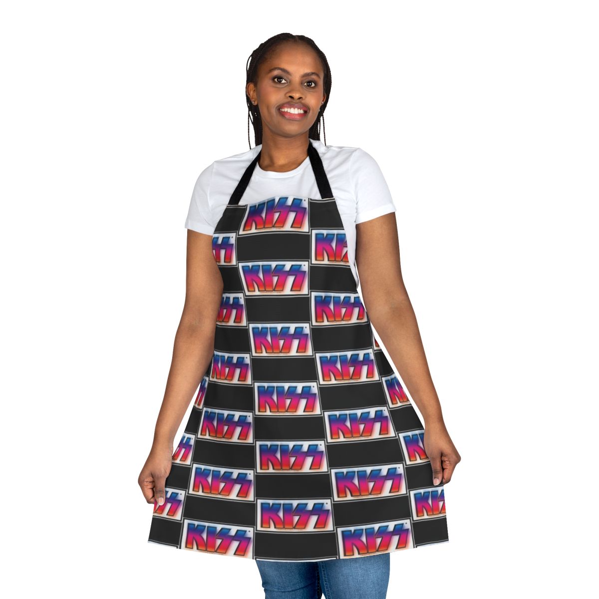 Retro-inspired apron featuring a gradient glowing logo design for KISS band fans
