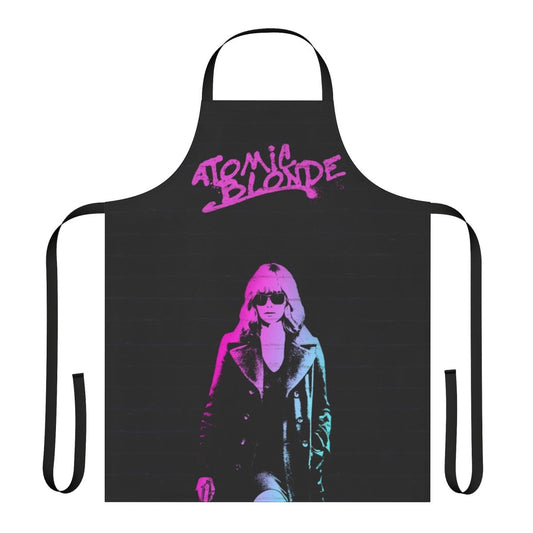 Retro graffiti-style apron in pink and blue colors, inspired by the movie Atomic Blonde and actress Charlize Theron.
