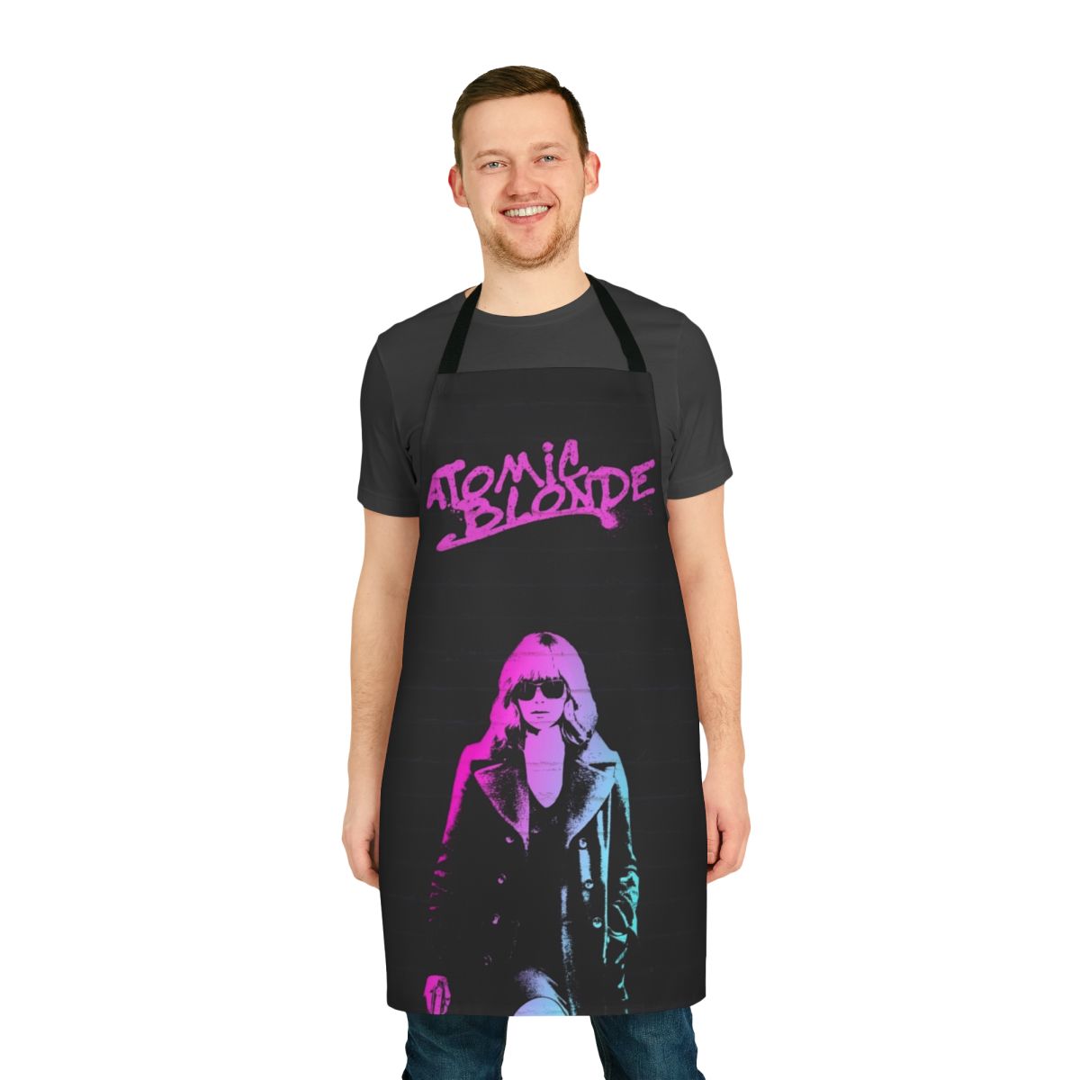 Retro graffiti-style apron in pink and blue colors, inspired by the movie Atomic Blonde and actress Charlize Theron.