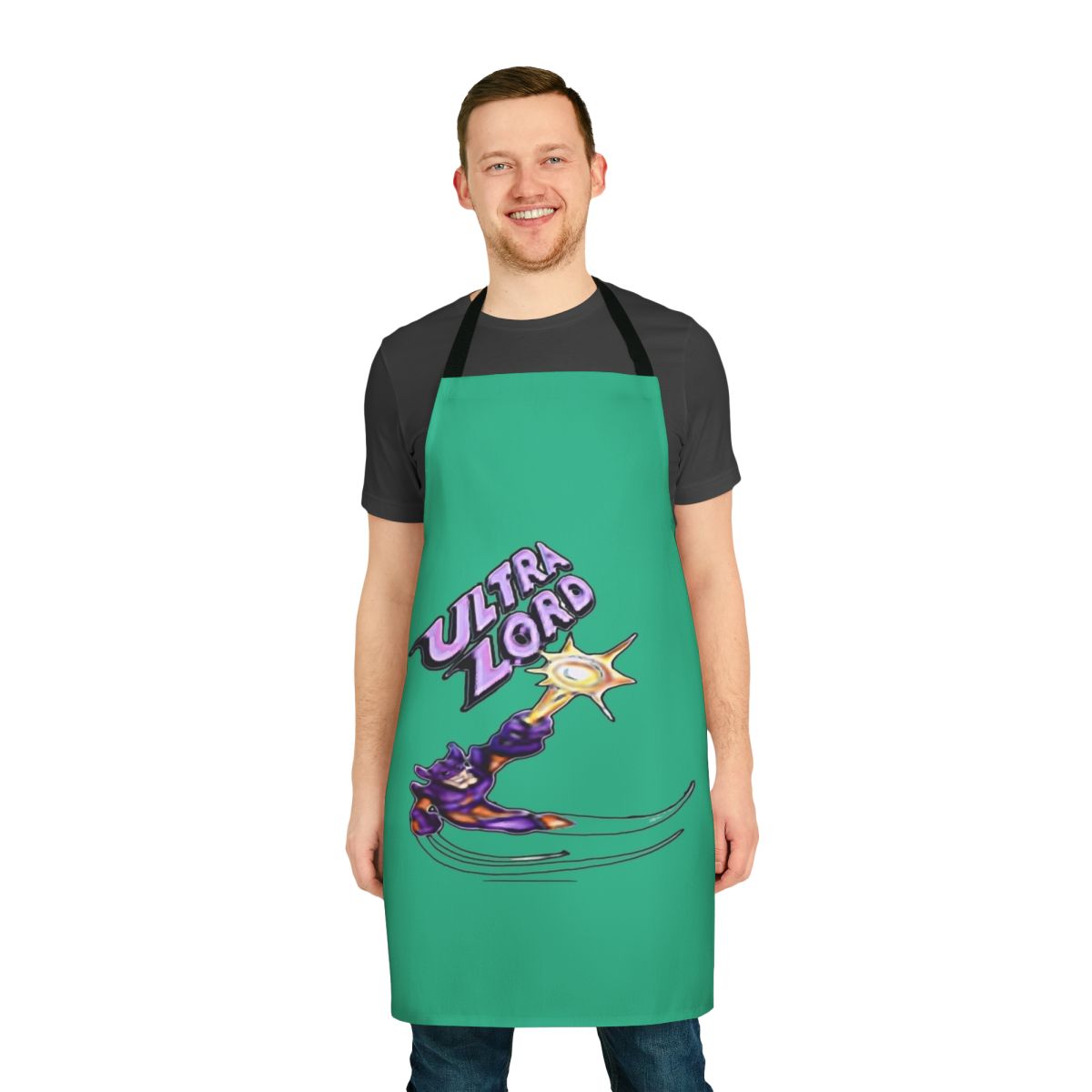 Ultra Lord Sheen-inspired graphic apron with vibrant pop culture design
