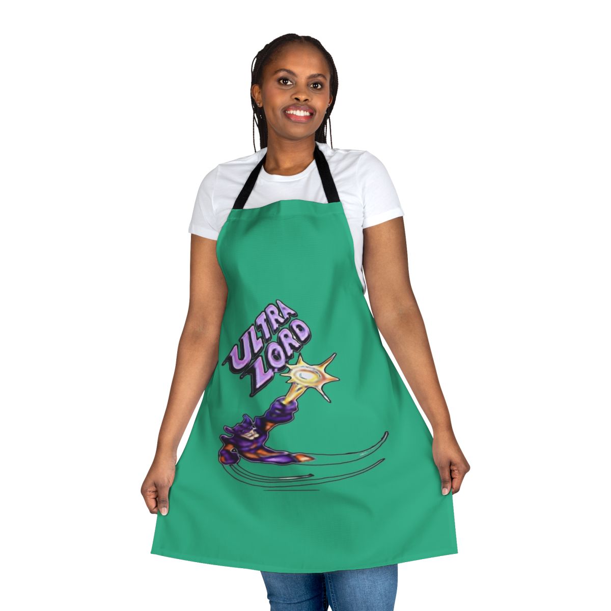 Ultra Lord Sheen-inspired graphic apron with vibrant pop culture design