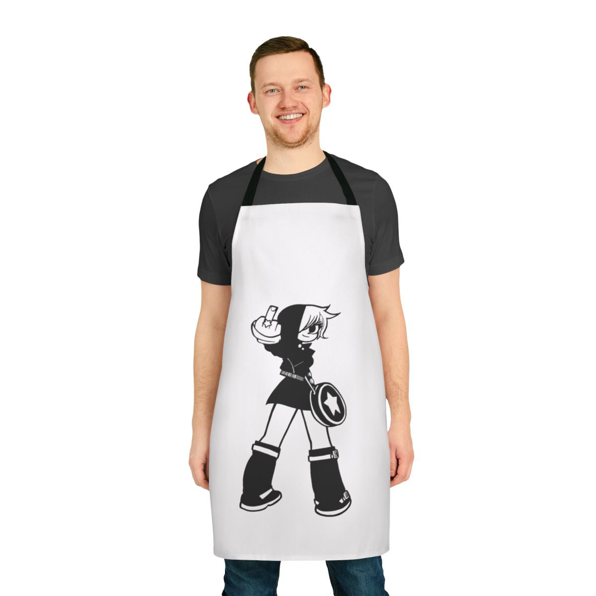Retro-style apron featuring the character Ramona Flowers from the Scott Pilgrim graphic novels