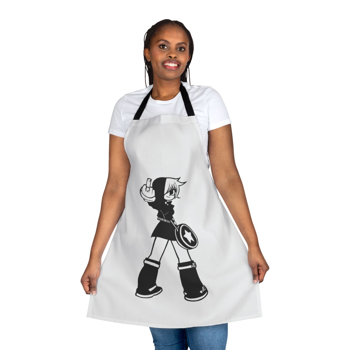 Retro-style apron featuring the character Ramona Flowers from the Scott Pilgrim graphic novels
