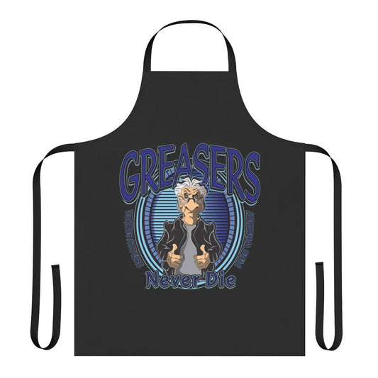 Retro grease-inspired apron with a humorous "Greasers Never Die" design