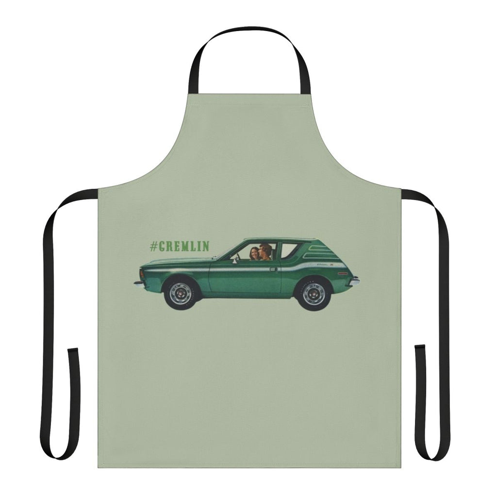 Retro green and striped apron with a gremlin design, perfect for car enthusiasts