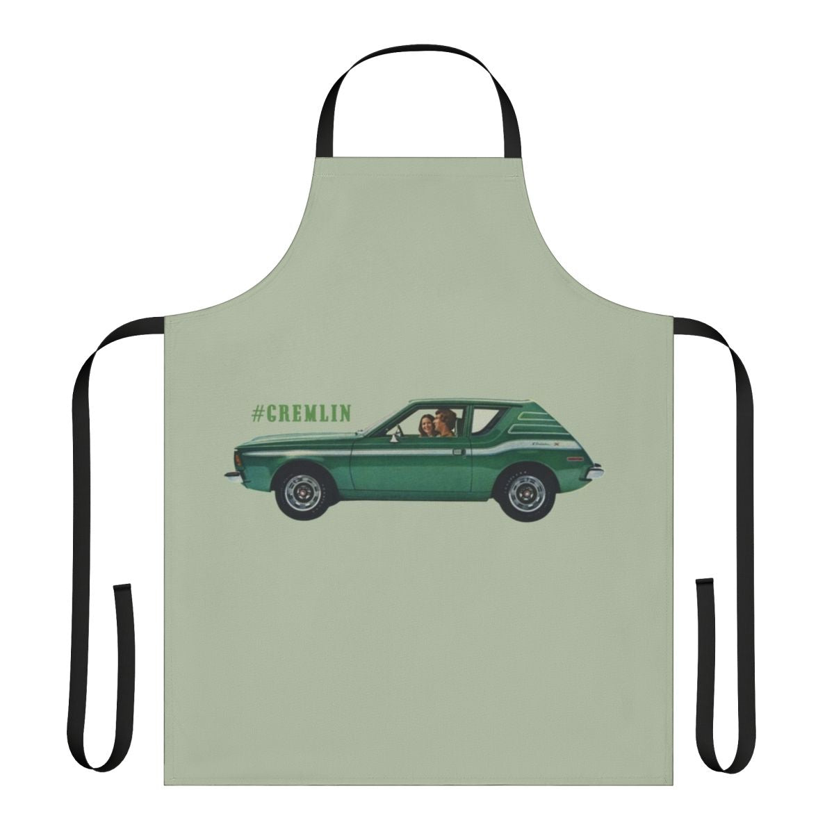 Retro green and striped apron with a gremlin design, perfect for car enthusiasts