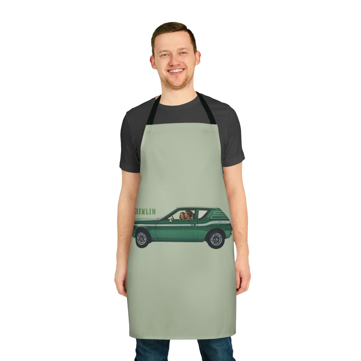 Retro green and striped apron with a gremlin design, perfect for car enthusiasts
