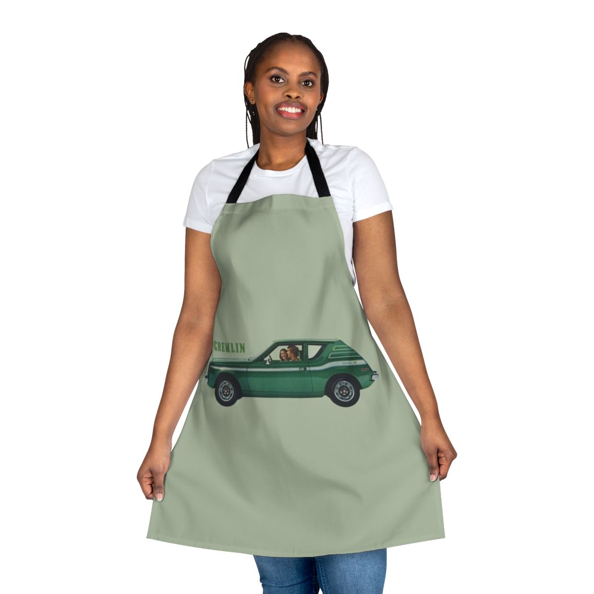 Retro green and striped apron with a gremlin design, perfect for car enthusiasts