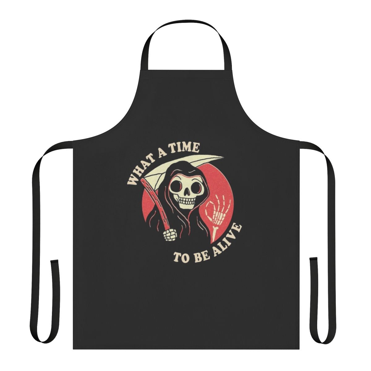 Vintage-style apron featuring a quirky grim reaper design, perfect for the kitchen or household tasks.
