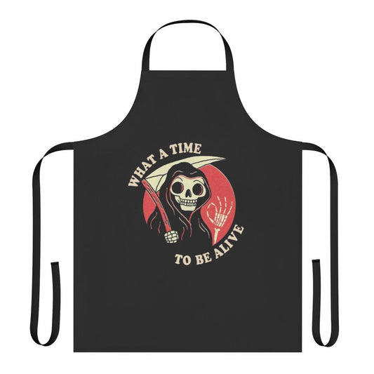 Vintage-style apron featuring a quirky grim reaper design, perfect for the kitchen or household tasks.
