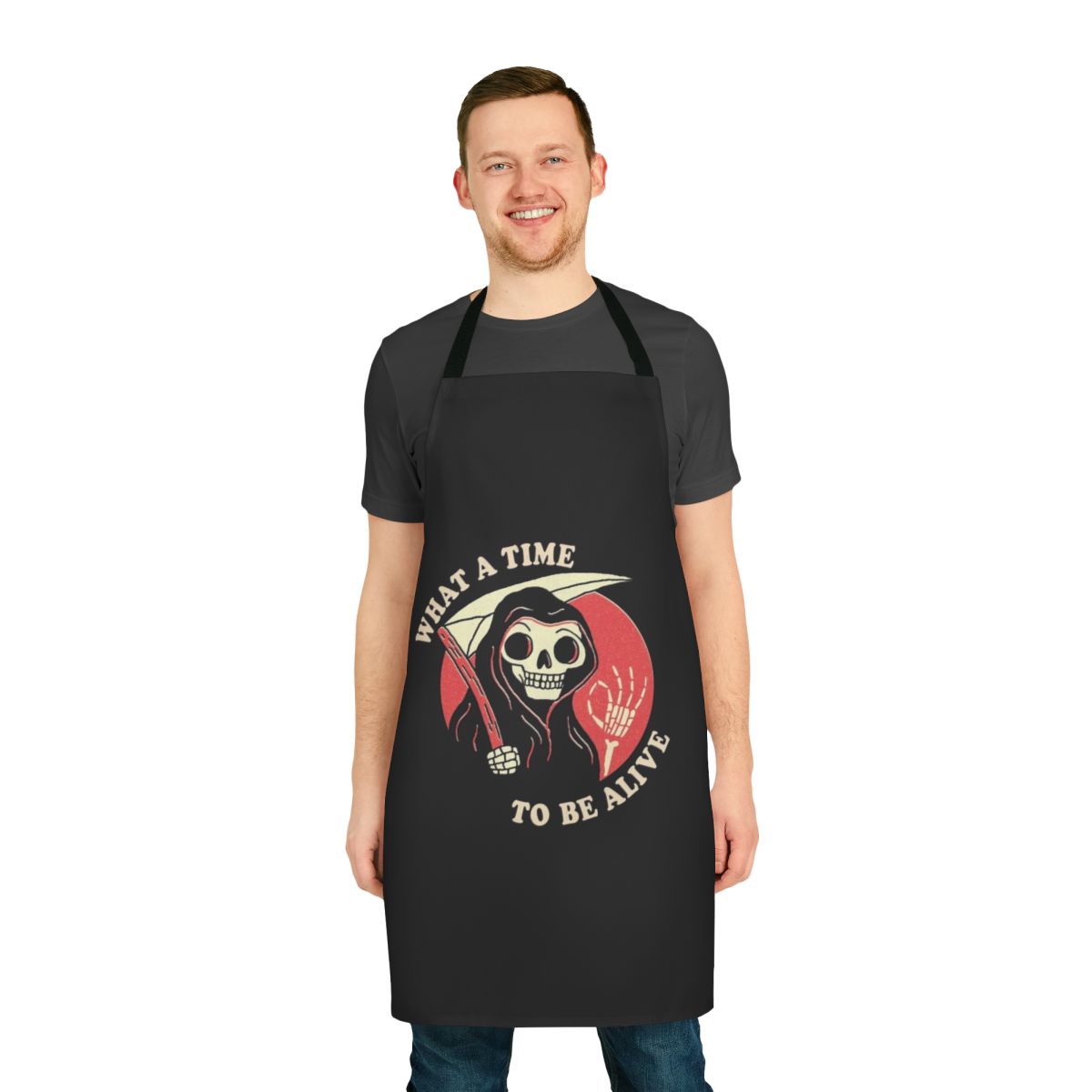 Vintage-style apron featuring a quirky grim reaper design, perfect for the kitchen or household tasks.