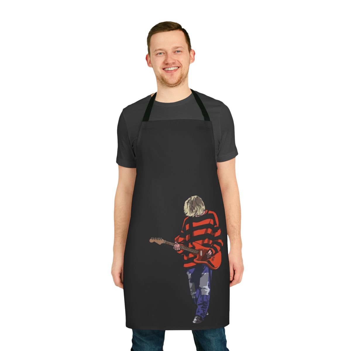 Striped apron with an artistic design inspired by Kurt Cobain and the grunge music era