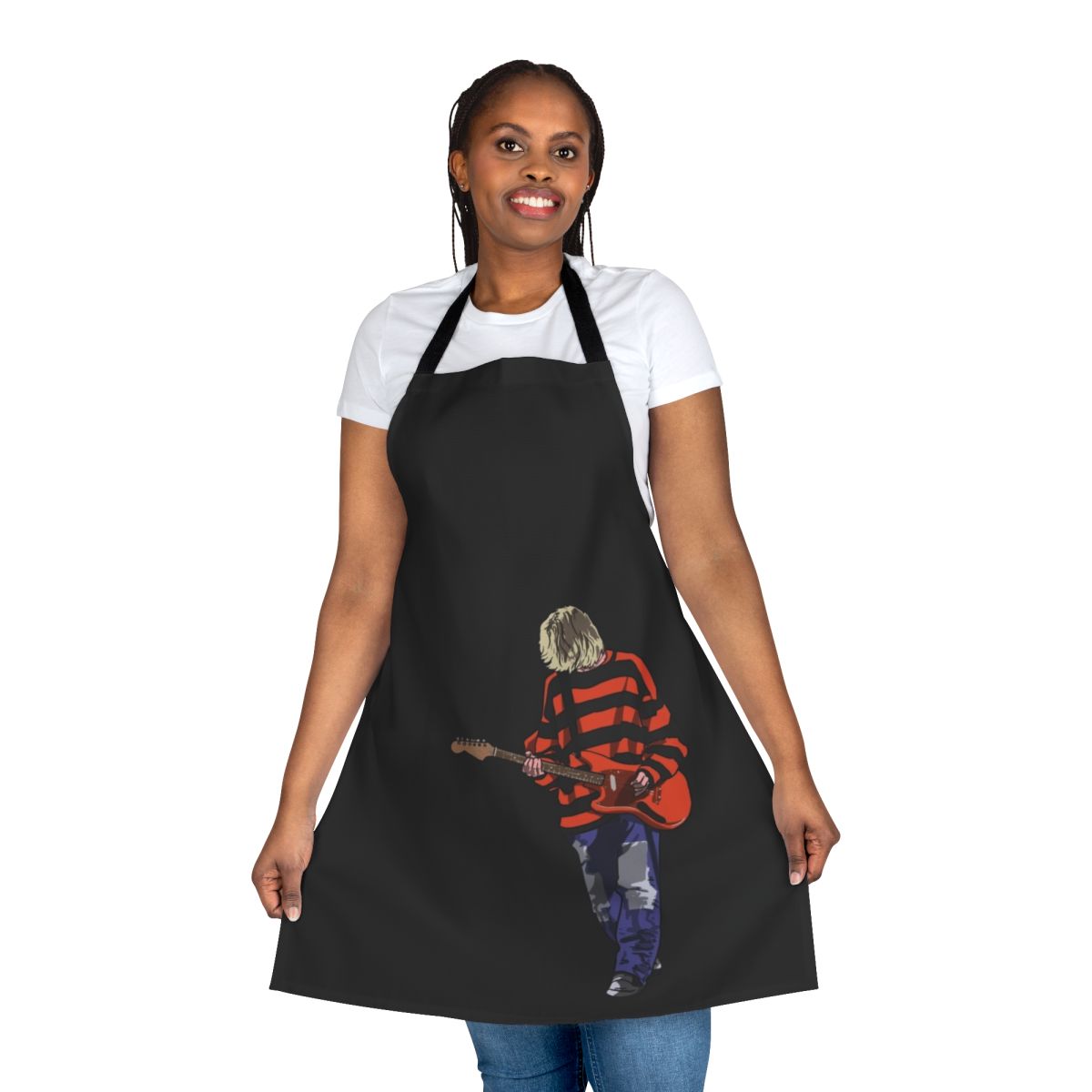 Striped apron with an artistic design inspired by Kurt Cobain and the grunge music era