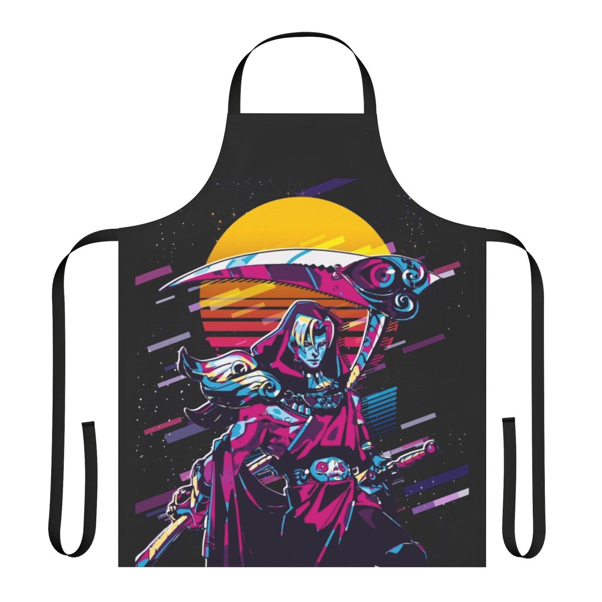 Retro-style apron featuring the characters Thanatos and Zagreus from the game Hades