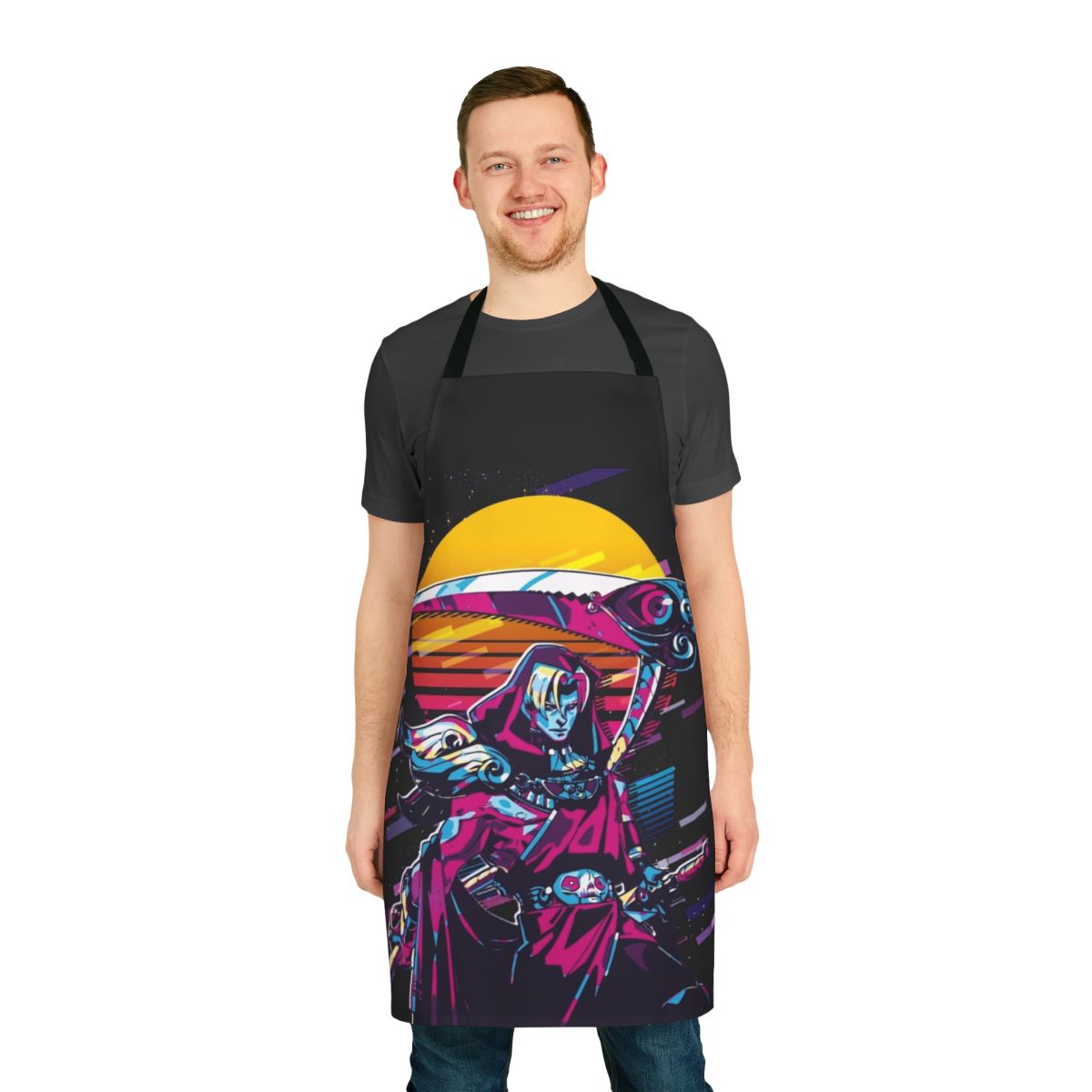 Retro-style apron featuring the characters Thanatos and Zagreus from the game Hades