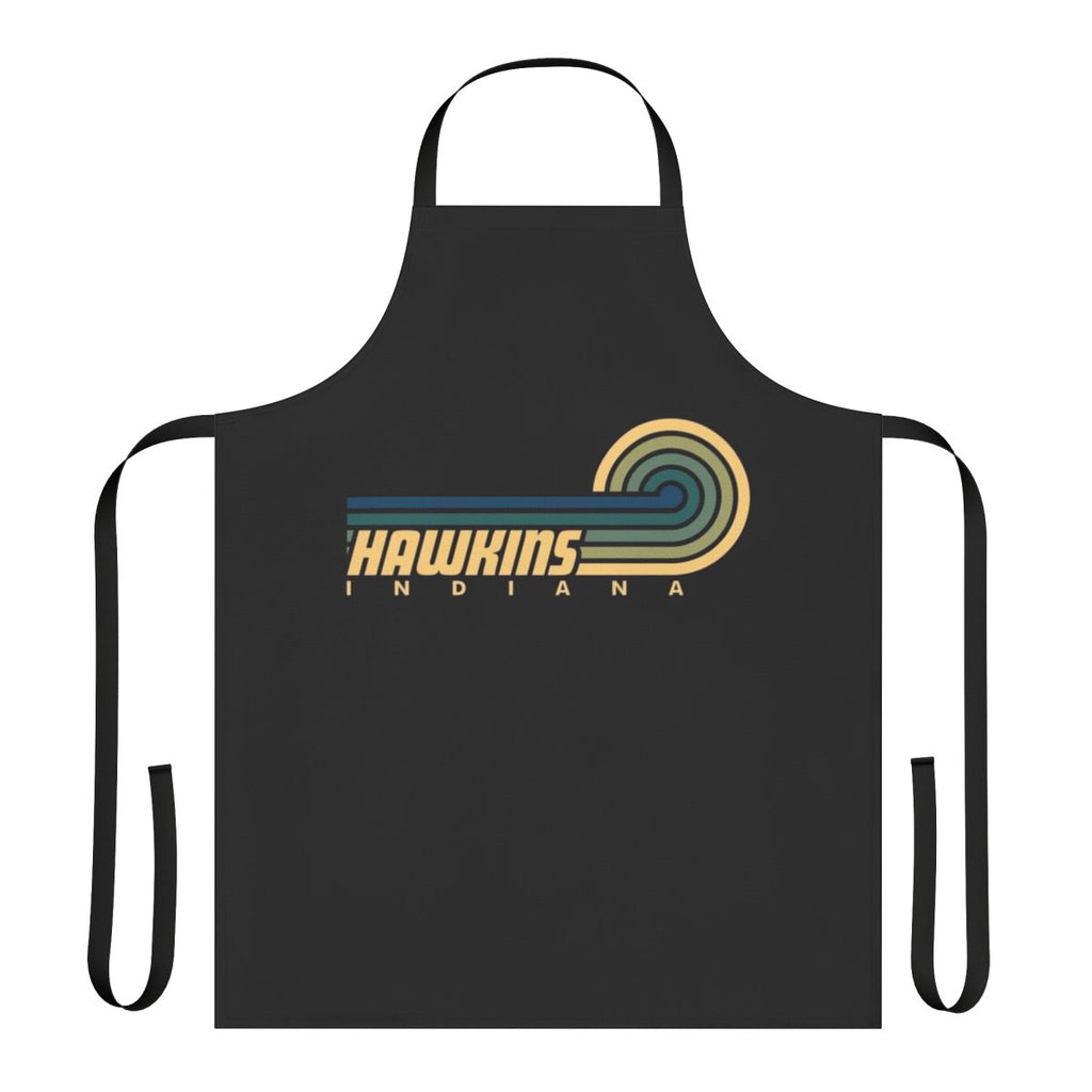 Retro-style stranger things apron featuring Hawkins, Indiana logo