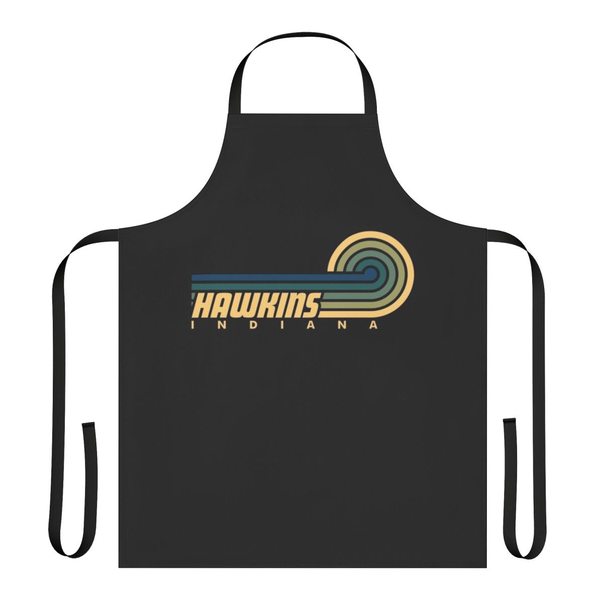Retro-style stranger things apron featuring Hawkins, Indiana logo