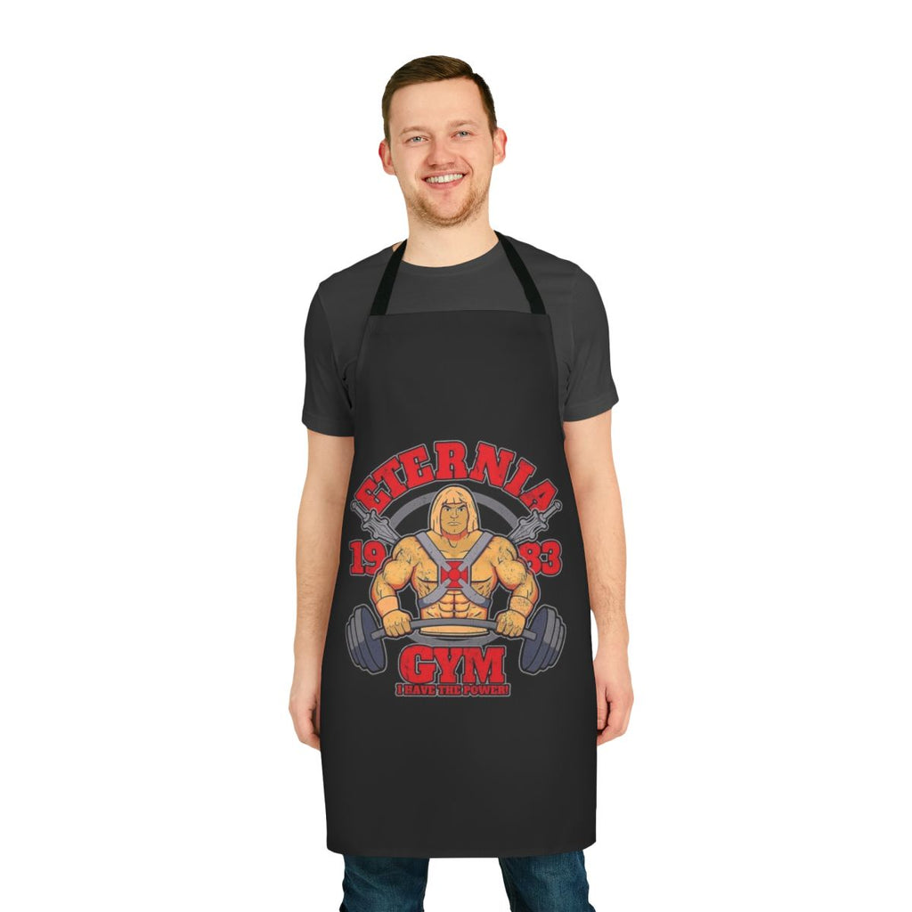 Retro He-Man Eternia inspired apron with characters like Skeletor, Beast Man, and Orko