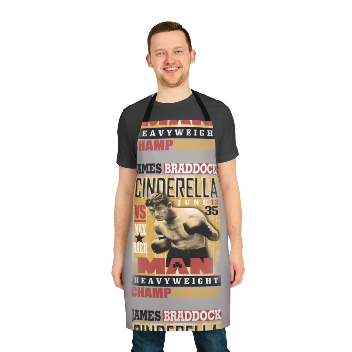 Vintage-style heavyweight boxing apron featuring James Braddock, the 1935 boxing champion