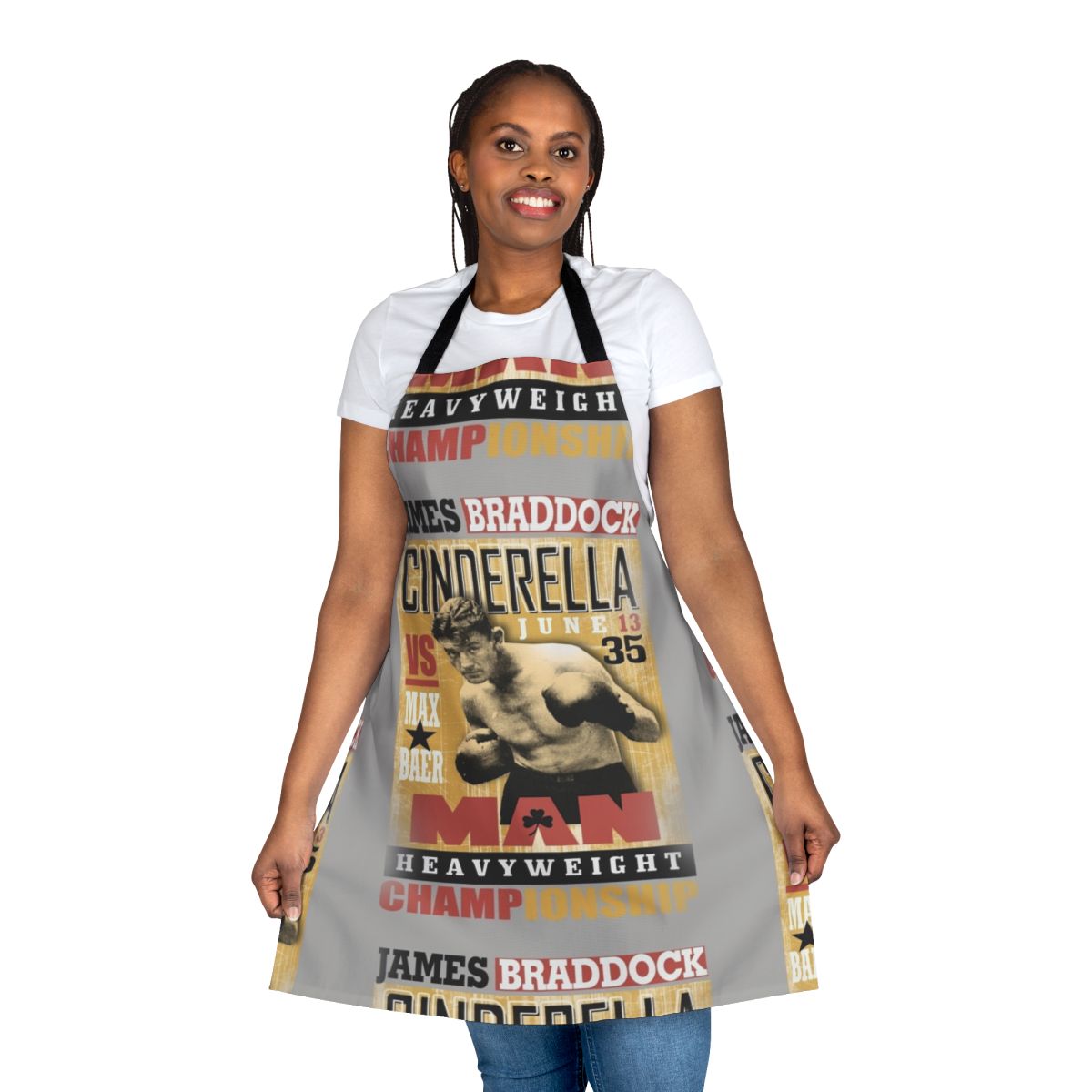 Vintage-style heavyweight boxing apron featuring James Braddock, the 1935 boxing champion