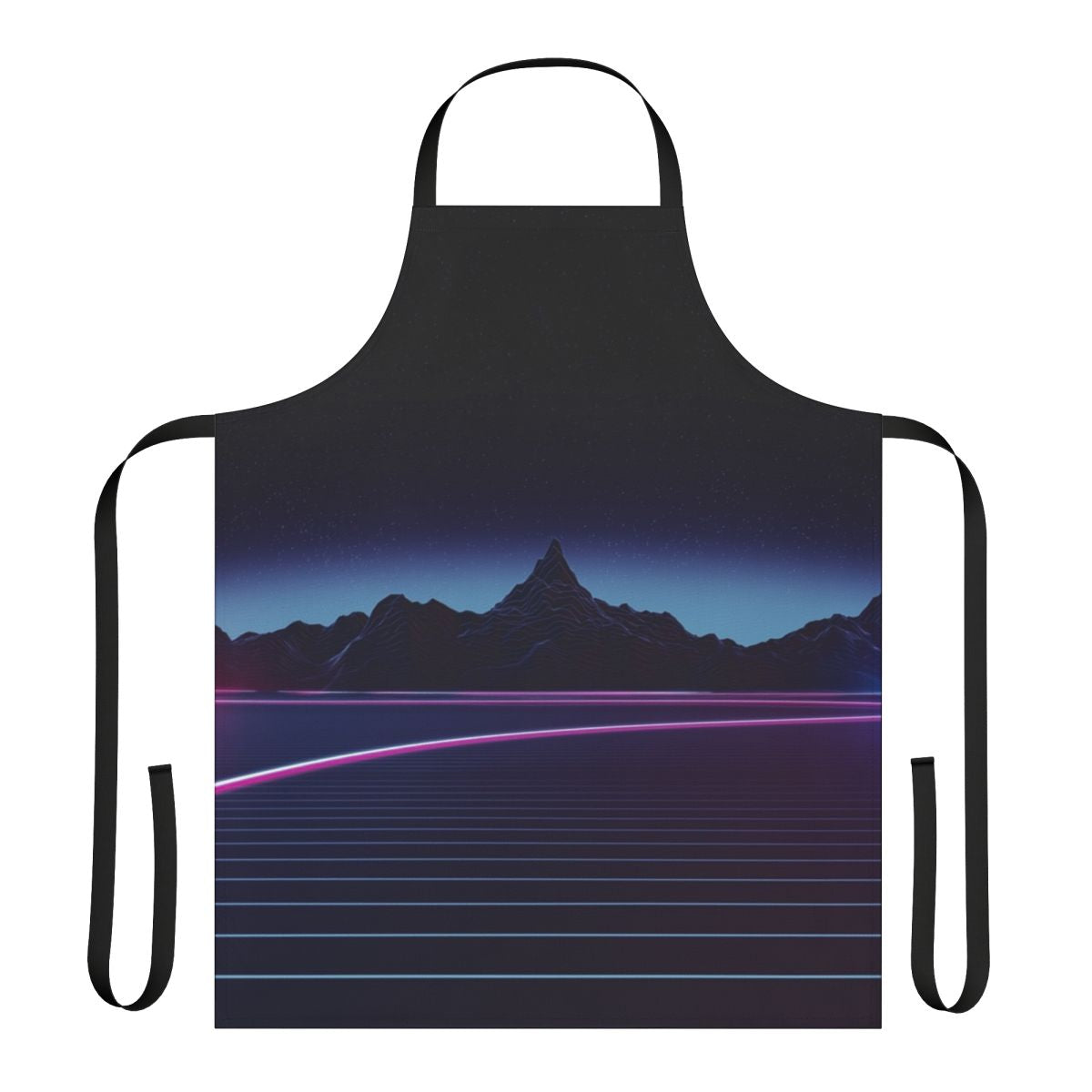 Retro-styled abstract landscape apron featuring a highway, mountains, and a grid pattern