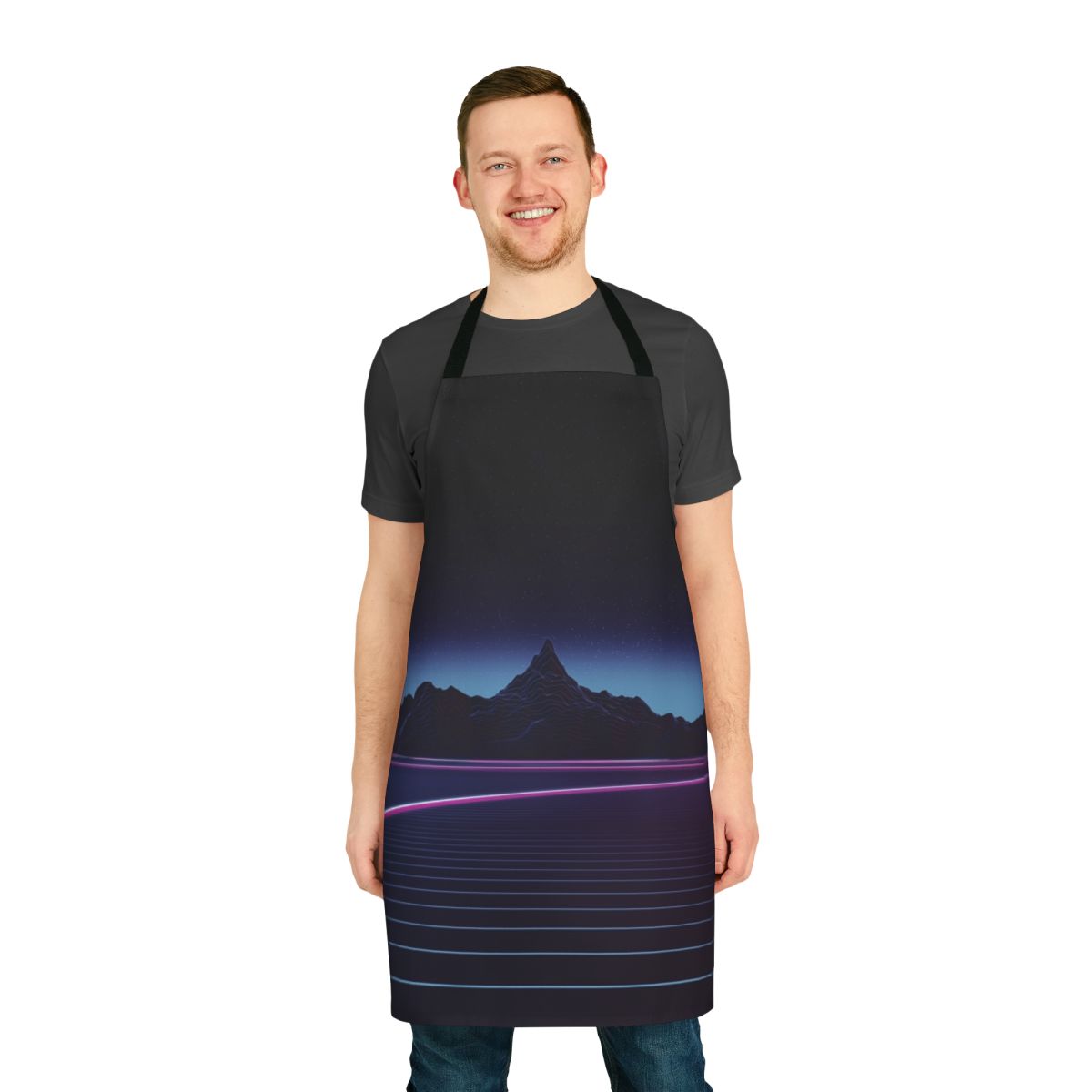 Retro-styled abstract landscape apron featuring a highway, mountains, and a grid pattern