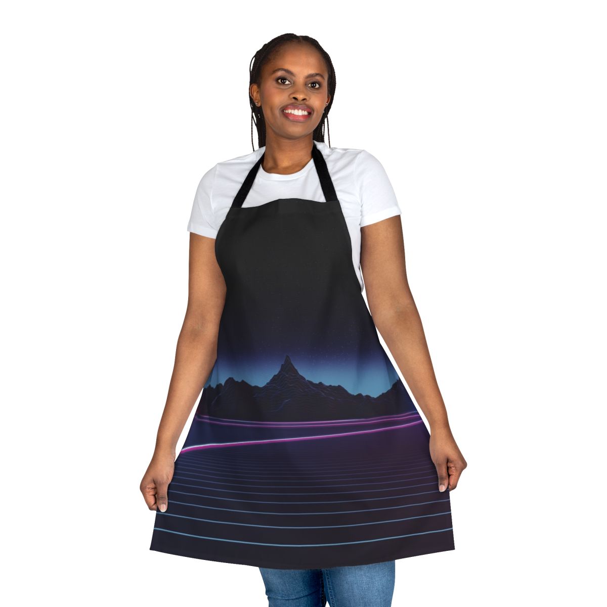 Retro-styled abstract landscape apron featuring a highway, mountains, and a grid pattern