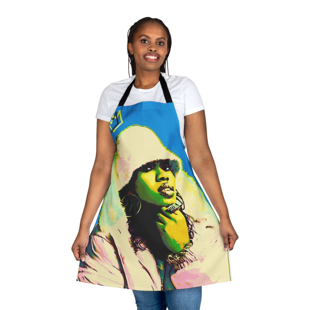 Retro apron featuring hip hop icons and inspired by Missy Elliott's style