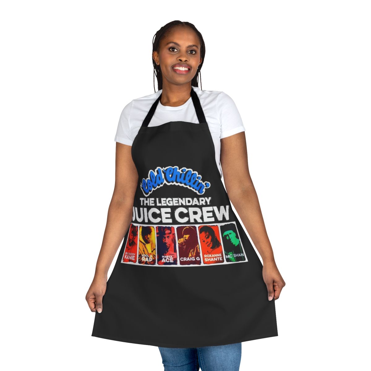 Retro hip hop inspired apron featuring Juice Crew members