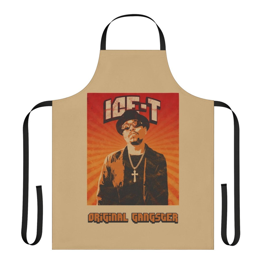 Apron featuring an old school hip hop design with the text "Ice T" and a retro music theme