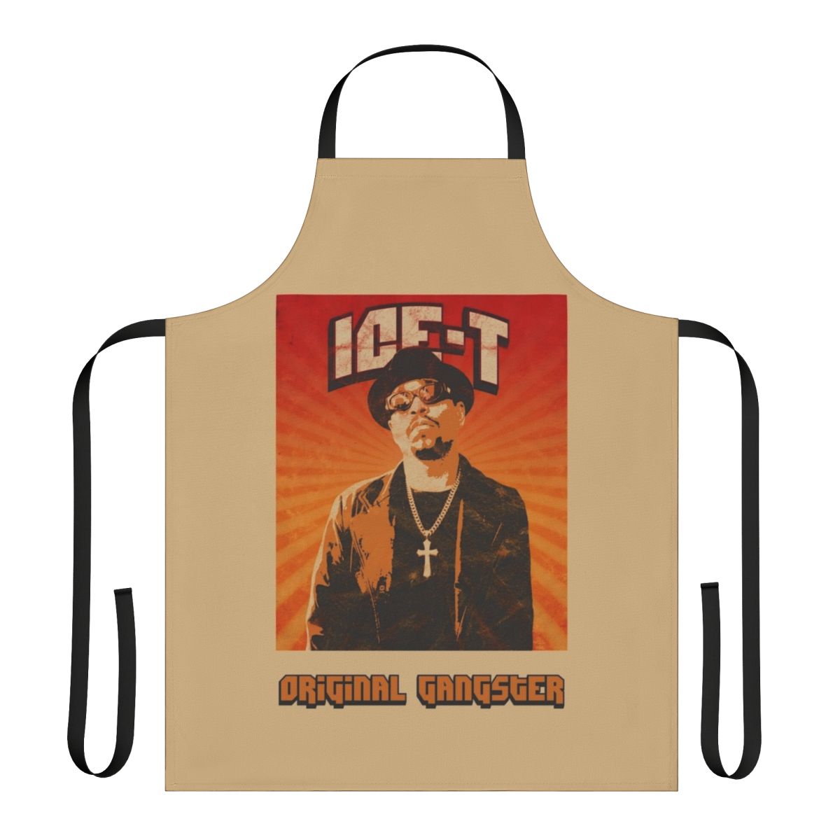 Apron featuring an old school hip hop design with the text "Ice T" and a retro music theme