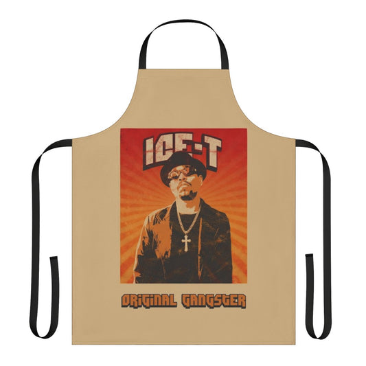 Apron featuring an old school hip hop design with the text "Ice T" and a retro music theme