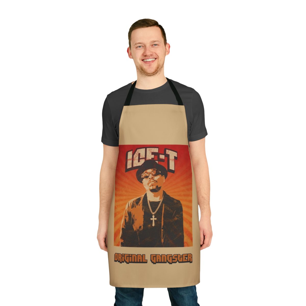Apron featuring an old school hip hop design with the text "Ice T" and a retro music theme