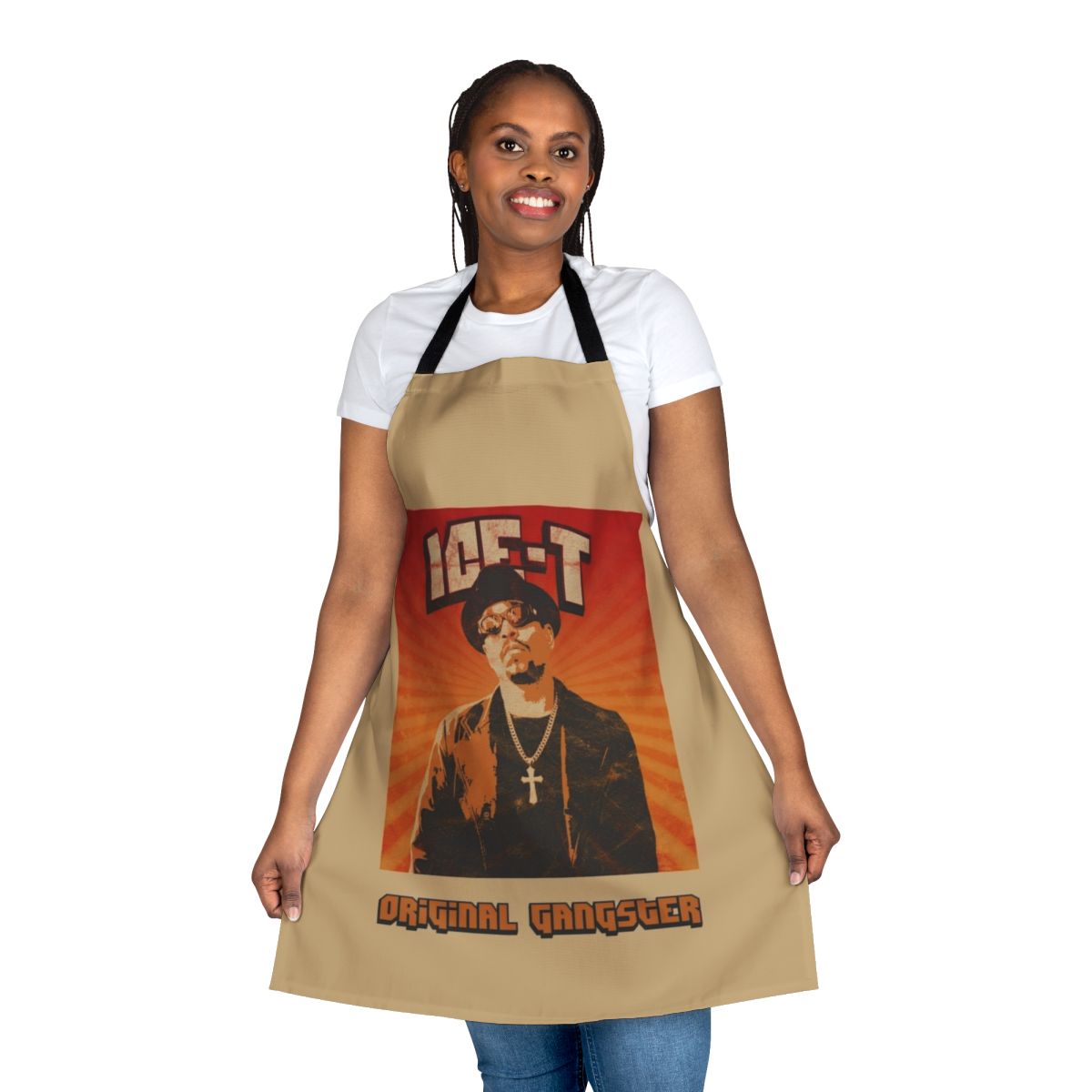 Apron featuring an old school hip hop design with the text "Ice T" and a retro music theme