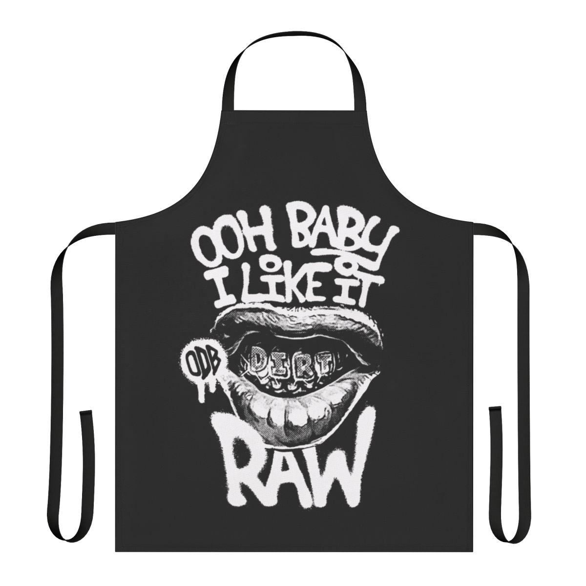 Retro hip hop inspired apron with graffiti-style design and "Ooh Baby I Like It Raw" text