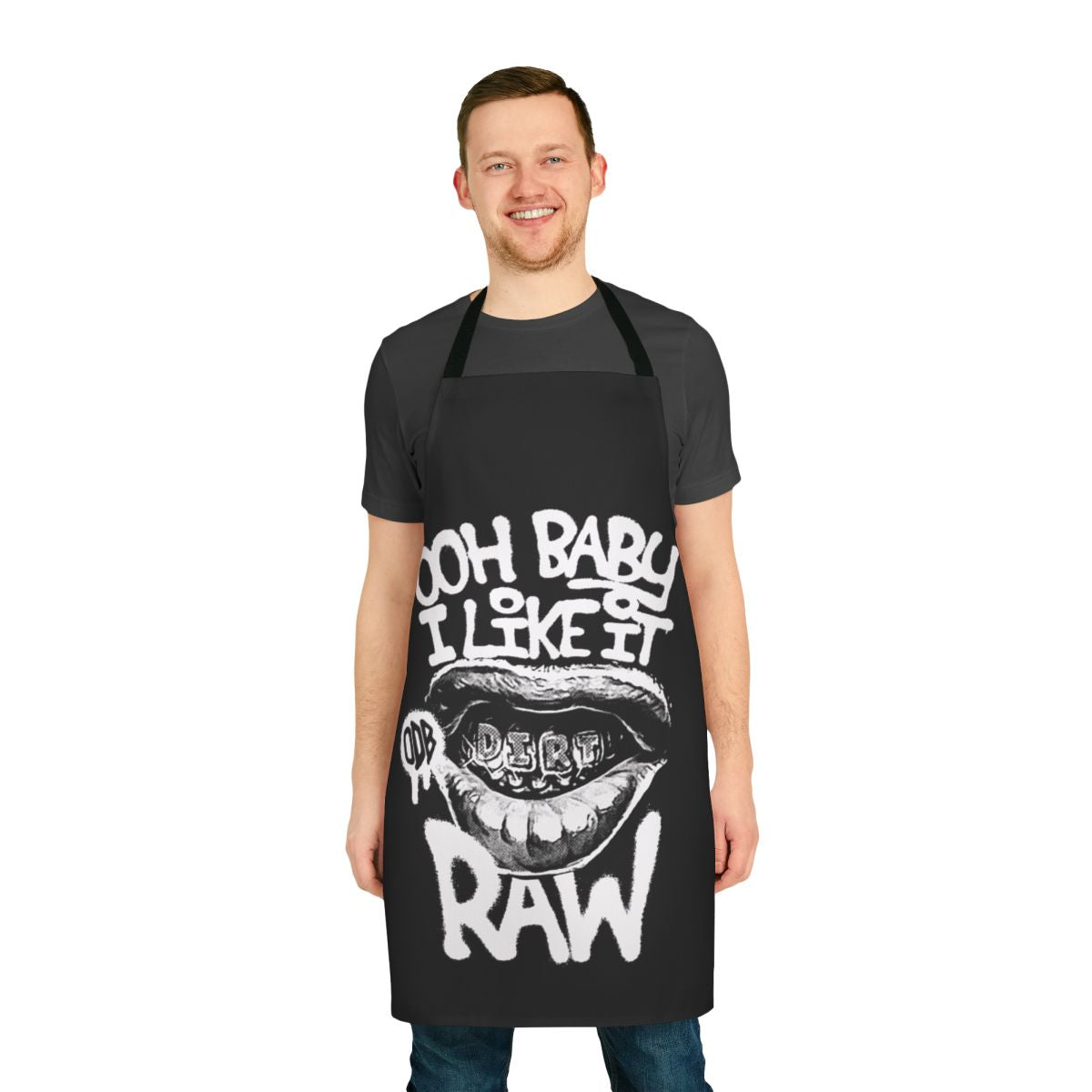 Retro hip hop inspired apron with graffiti-style design and "Ooh Baby I Like It Raw" text
