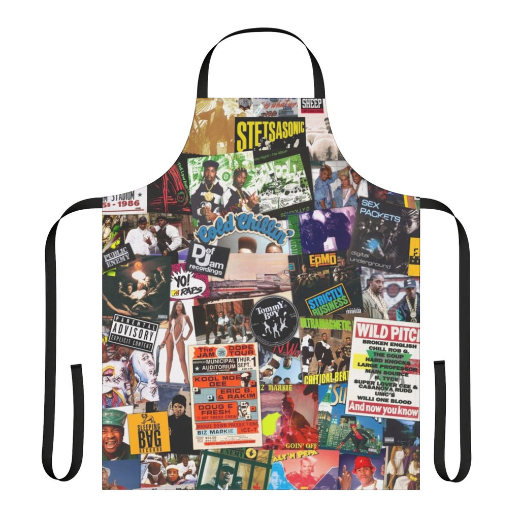 Old school hip hop-inspired apron with collage of classic rap artists and album covers