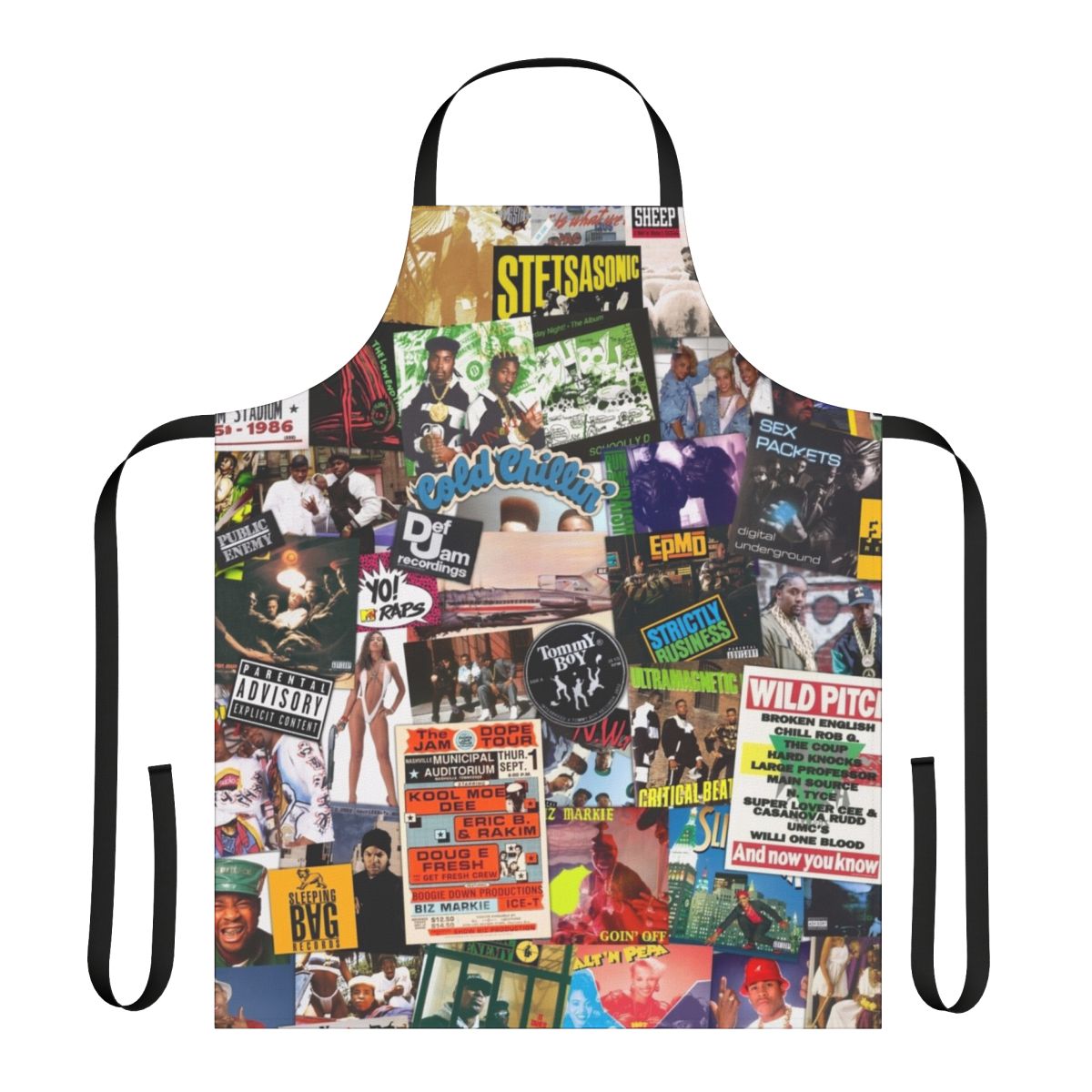 Old school hip hop-inspired apron with collage of classic rap artists and album covers