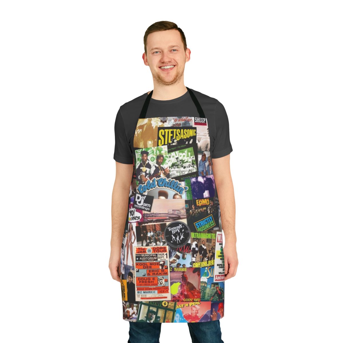 Old school hip hop-inspired apron with collage of classic rap artists and album covers