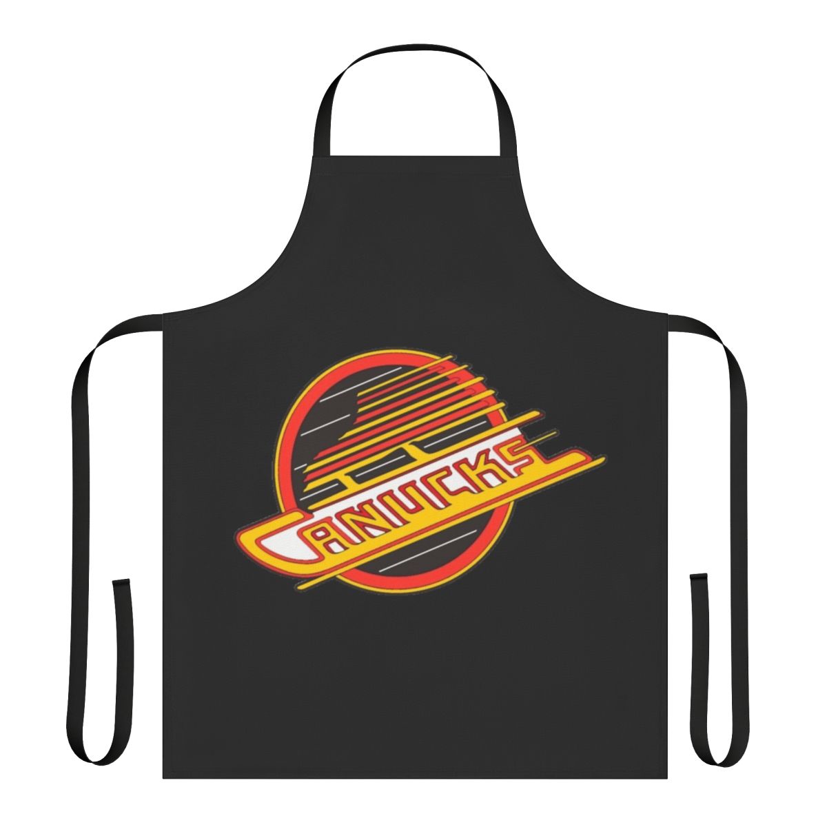 Retro-styled hockey fan apron featuring the iconic Vancouver Canucks logo and colors