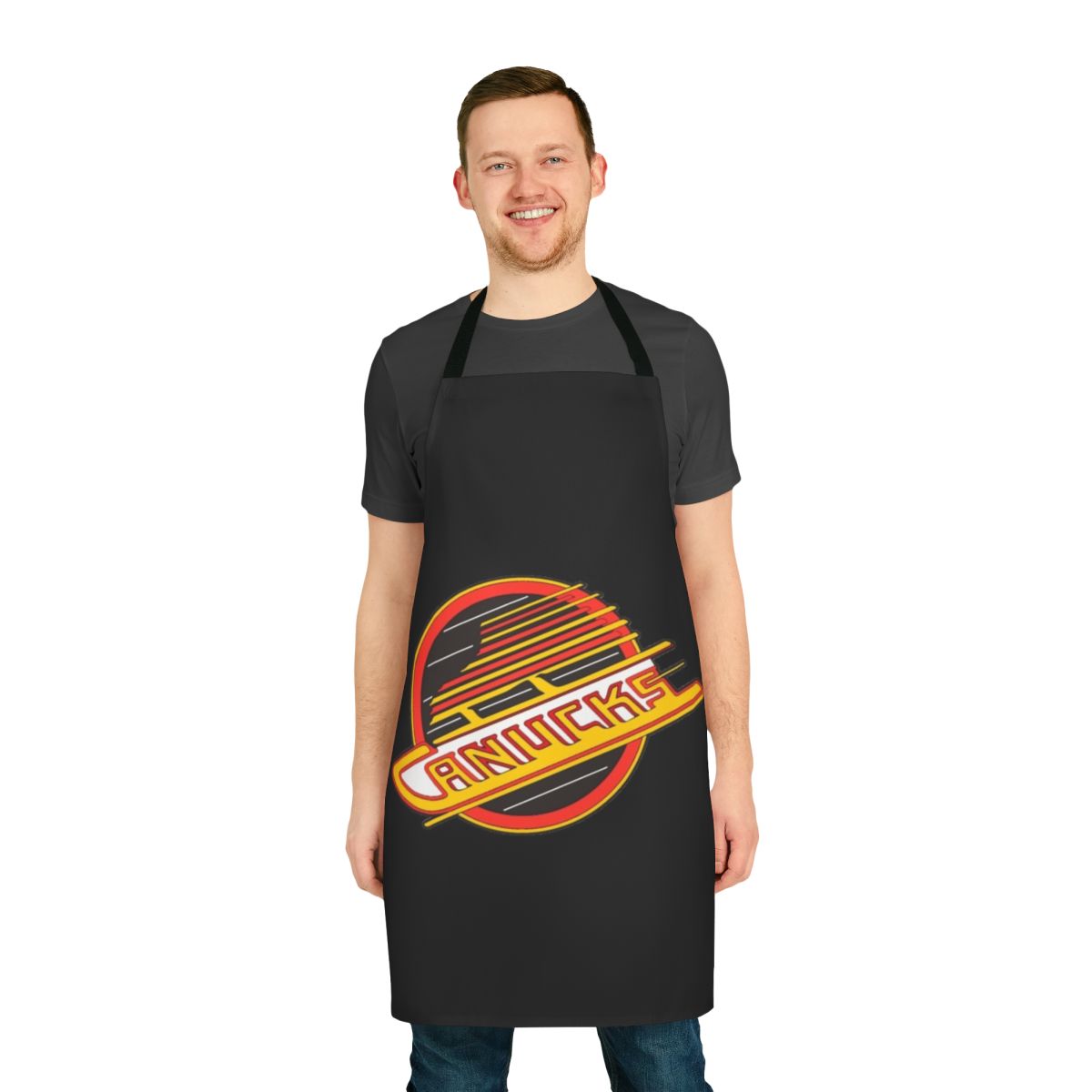 Retro-styled hockey fan apron featuring the iconic Vancouver Canucks logo and colors