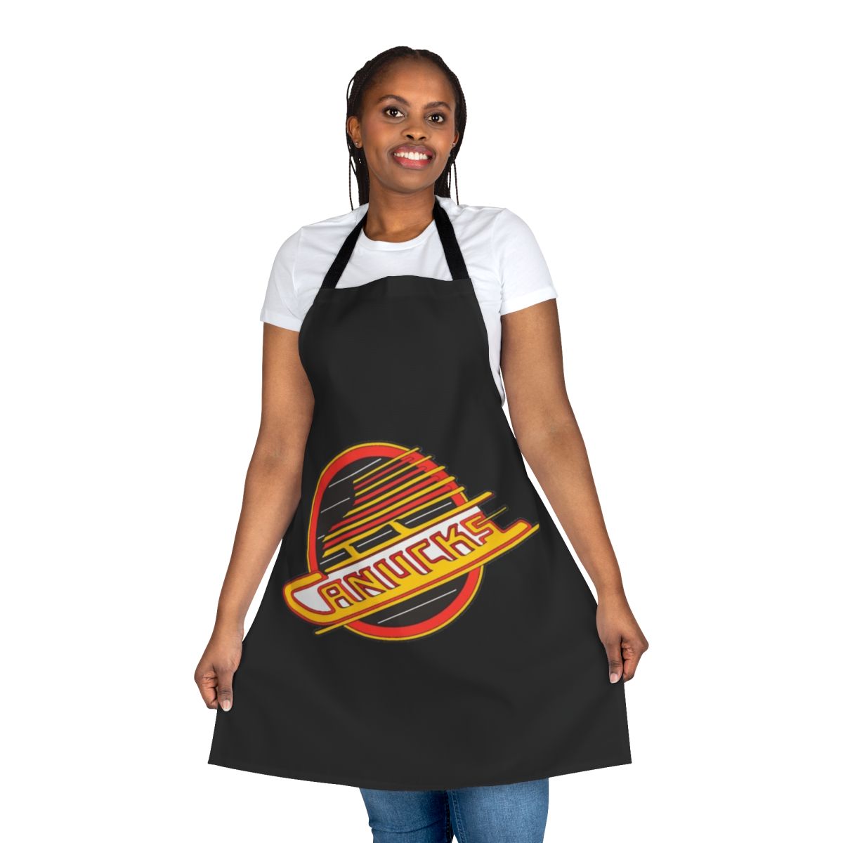 Retro-styled hockey fan apron featuring the iconic Vancouver Canucks logo and colors