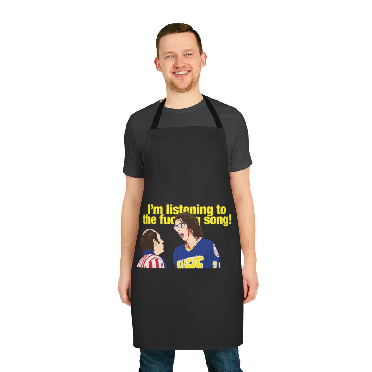 Retro hockey-inspired apron with Hanson Brothers design