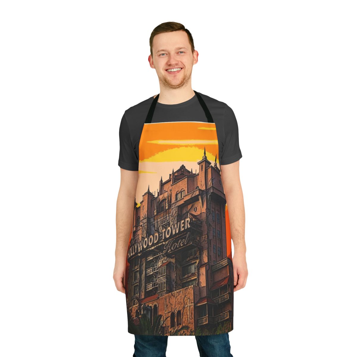 Vintage-style apron featuring a lightning storm and Twilight Zone-inspired design, perfect for Disney fans and vintage enthusiasts.