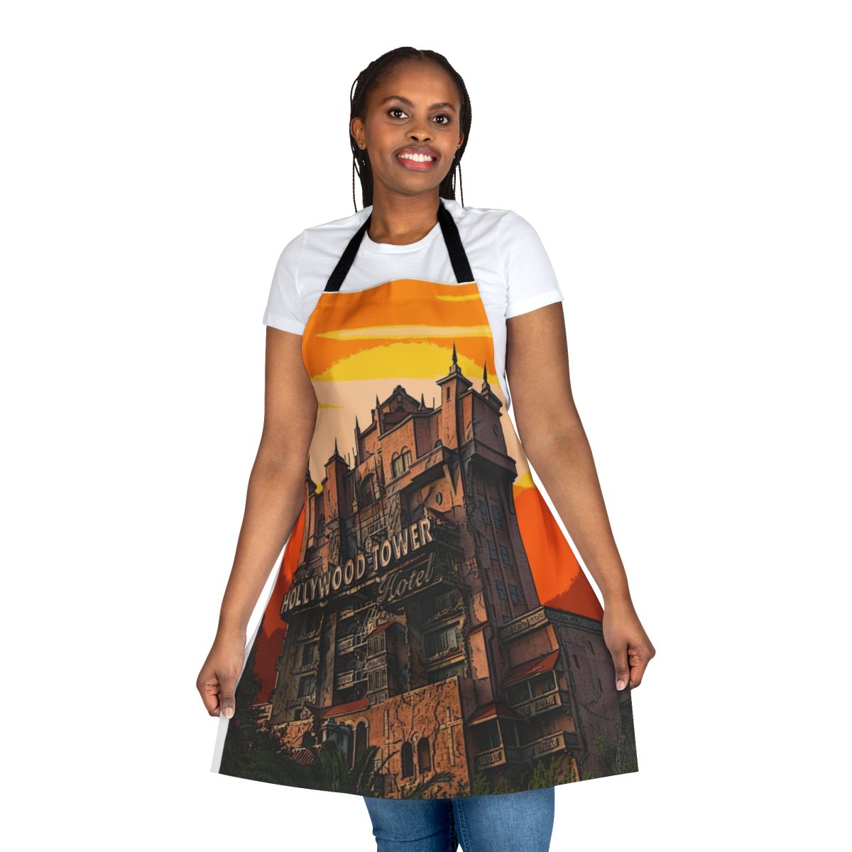 Vintage-style apron featuring a lightning storm and Twilight Zone-inspired design, perfect for Disney fans and vintage enthusiasts.